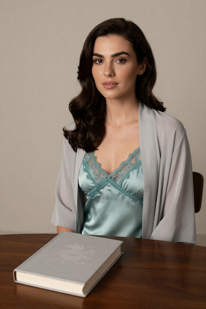 Fictional 29-year-old woman, dark chestnut hair in long polished waves over one shoulder, fair skin with