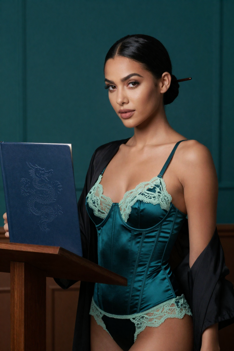 AI-generated portrait: a fictional 27-year-old woman in a deep-teal corset and mint lace beside a biography book with a plain embossed dragon cover
